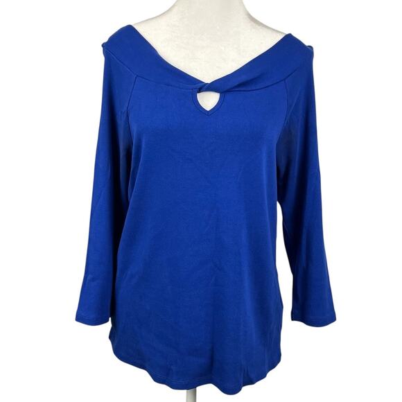 Rafaella Womens Tunic Top Size Large Blue Pullover Boat Neck Keyhole 3/4 Sleeve - Picture 1 of 7